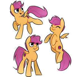 Size: 2687x2688 | Tagged: safe, artist:pointdelta, character:scootaloo, species:pegasus, species:pony, g4, ^^, cute, cutealoo, eyebrows, eyebrows visible through hair, eyes closed, female, filly, flying, foal, grin, high res, hooves, looking back, open mouth, open smile, raised eyebrow, scootaloo can fly, signature, simple background, small wings, smiling, solo, spread wings, standing, white background, wings, young
