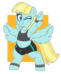 Size: 1845x2265 | Tagged: safe, artist:notenoughapples, patreon reward, character:helia, species:pegasus, species:pony, g4, belly, belly button, bipedal, bracelet, clothing, cute, explicit source, eyebrows, eyebrows visible through hair, eyelashes, female, freckles, heliadorable, jewelry, mare, midriff, one eye closed, shorts, signature, simple background, solo, sports shorts, spread wings, stretching, tank top, transparent background, wings, wristband