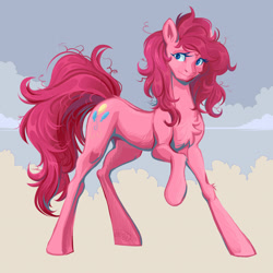 Size: 1280x1280 | Tagged: safe, artist:lambibelle, character:pinkie pie, species:earth pony, species:pony, g4, chest fluff, female, leg fluff, looking at you, mare, raised hoof, signature, solo, three quarter view