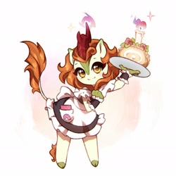 Size: 1890x1890 | Tagged: safe, artist:smthngjay, character:autumn blaze, species:anthro, species:kirin, species:unguligrade anthro, g4, abstract background, awwtumn blaze, cake, clothing, cloven hooves, colored hooves, colored pupils, cute, female, fire, food, hooves, looking at you, magic, maid, no nose, simple background, solo, style emulation