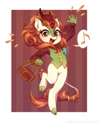 Size: 1440x1800 | Tagged: safe, artist:smthngjay, character:autumn blaze, species:anthro, species:kirin, species:unguligrade anthro, g4, abstract background, awwtumn blaze, clothing, colored pupils, cute, female, happy, looking at you, open mouth, open smile, smiling, smiling at you, solo, three quarter view, waistcoat, waving, waving at you