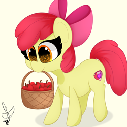 Size: 2000x2000 | Tagged: safe, artist:daftramms, artist:daftramms0, character:apple bloom, species:earth pony, species:pony, g4, adorabloom, apple, apple basket, apple bloom's bow, apple family member, basket, bow, cute, fanart, female, filly, foal, food, hair bow, high res, holding, mouth hold, shadow, signature, simple background, solo, tan background, young