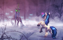 Size: 1563x1000 | Tagged: safe, artist:harwick, character:queen chrysalis, character:shining armor, species:changeling, species:pony, species:unicorn, g4, butt, changeling queen, colored hooves, cutie mark, dark forest, duo, female, fight, glowing, glowing eyes, glowing horn, hooves, horn, magic, male, mist, plot, profile, rearing, stallion, swarm, teeth, unshorn fetlocks