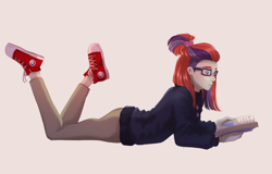 Size: 2048x1311 | Tagged: safe, artist:ghoasthead, character:moondancer, species:human, g4, book, clothing, colored eyebrows, converse, eyebrows, female, glasses, humanized, khaki, lying down, prone, reading, shoes, simple background, sneakers, solo, species swap, sweater, the pose, turtleneck