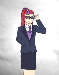 Size: 2827x3614 | Tagged: safe, artist:jesterofdestiny, character:moondancer, species:human, g4, adjusting glasses, clothing, digitally colored, female, glasses, humanized, looking at you, necktie, simple background, skirt, solo, species swap, suit, sweater vest, tube skirt