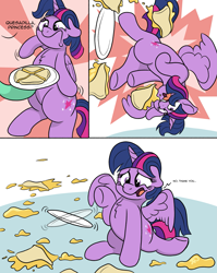 Size: 2383x2998 | Tagged: safe, artist:doodledonut, character:twilight sparkle, character:twilight sparkle (alicorn), species:alicorn, species:pony, g4, comic, dialogue, female, floppy ears, folded wings, food, mare, open mouth, partially open wings, quesadilla, raised hoof, text, they're just so cheesy, wings