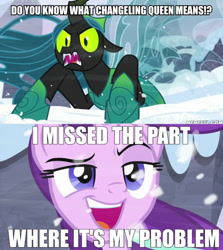 Size: 600x674 | Tagged: safe, edit, edited screencap, screencap, character:queen chrysalis, character:starlight glimmer, species:changeling, episode:the ending of the end, g4, my little pony: friendship is magic, caption, crossover, image macro, marvel, meme, spider-man, text, ultimate chrysalis