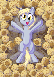Size: 800x1131 | Tagged: safe, artist:snackish, artist:snacky-bites, artist:znackish, character:derpy hooves, species:pegasus, species:pony, g4, cute, derpabetes, female, food, full face view, happy, mare, muffin, open mouth, open smile, smiling, snow angel, solo, that pony sure does love muffins