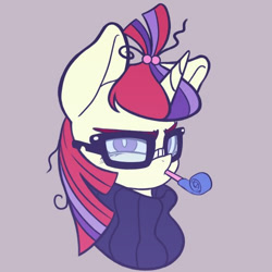 Size: 500x500 | Tagged: dead source, safe, artist:kaikoinu, character:moondancer, species:pony, species:unicorn, g4, bust, clothing, colored eyebrows, cute, dancerbetes, eyebrows, female, frown, glare, glasses, gray background, grumpy, holding, looking at you, mare, messy mane, mouth hold, party horn, simple background, solo, sweater, three quarter view, white pupils