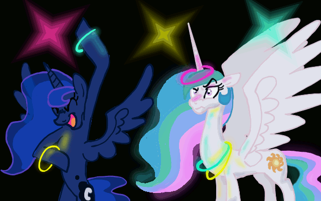 Size: 640x400 | Tagged: dead source, safe, artist:fmayang, character:princess celestia, character:princess luna, species:alicorn, species:pony, g4, animated, annoyed, blushing, celestia is not amused, eyebrows, female, glow rings, glowstick, mare, missing accessory, neon party, rave, spread wings, three quarter view, unamused, wings