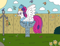 Size: 3087x2383 | Tagged: safe, artist:supahdonarudo, character:queen novo, species:hippogriff, species:pony, g4, daisy (flower), female, fountain, mare, solo, spread wings, wings