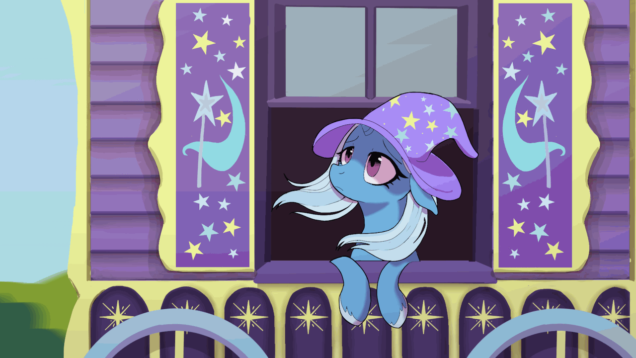 Size: 1280x720 | Tagged: safe, artist:pencilmistic, character:trixie, species:pony, species:unicorn, g4, animated, blinking, clothing, colored hooves, day, eyelashes, female, floppy ears, gif, hat, hooves, looking up, loop, mare, perfect loop, sad, sky, solo, trixie's hat, trixie's wagon, unshorn fetlocks, wagon, wheel, wizard hat