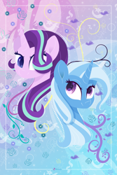 Size: 5418x8126 | Tagged: safe, artist:illumnious, character:starlight glimmer, character:trixie, species:pony, species:unicorn, g4, bust, cutie mark, looking at each other, pattern, patterned background