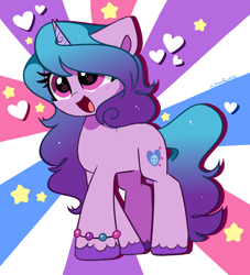 Size: 3896x4296 | Tagged: safe, artist:kittyrosie, character:izzy moonbow, species:pony, species:unicorn, g5, abstract background, bracelet, colored hooves, cute, female, gradient hair, happy, heart, hooves, izzybetes, jewelry, mare, multicolored hair, open mouth, open smile, smiling, solo, starry eyes, three quarter view, unshorn fetlocks, wingding eyes