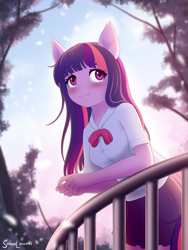 Size: 1800x2400 | Tagged: safe, artist:symbianl, character:twilight sparkle, species:anthro, species:human, species:pony, g4, blushing, clothing, cute, ear fluff, equestria girls outfit, eyebrows, female, human facial structure, humanized, looking up, mare, railing, signature, solo, species swap, twiabetes, twilight (astronomy)