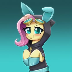 Size: 2048x2048 | Tagged: safe, artist:confetticakez, character:fluttershy, species:pegasus, species:pony, g4, blushing, bunny ears, clothing, cute, dangerous mission outfit, eyebrows, eyelashes, female, goggles, looking at you, mare, shyabetes, solo
