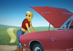 Size: 4096x2896 | Tagged: safe, artist:apocheck13, character:applejack, species:anthro, species:earth pony, species:pony, g4, boots, car, clothing, explicit source, eyebrows, eyelashes, female, grass, jeans, mare, pants, road, shirt, shoes, solo, tail