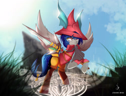 Size: 3840x2933 | Tagged: safe, artist:zidanemina, oc, oc only, oc:silver crescent, species:pegasus, species:pony, clothing, commission, cosplay, costume, crossover, female, final fantasy, final fantasy ix, hat, mare, solo, spear, spread wings, weapon, wings