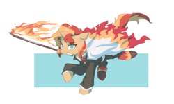 Size: 4500x2700 | Tagged: safe, artist:vanillaghosties, character:sunset shimmer, species:pony, species:unicorn, g4, my little pony:equestria girls, clothing, eyebrows, eyebrows visible through hair, female, fire, flaming sword, holding, horn, looking at you, mare, mouth hold, simple background, solo, sword, weapon