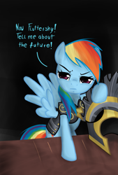 Size: 1169x1725 | Tagged: safe, artist:katakiri, character:rainbow dash, species:pegasus, species:pony, episode:hearth's warming eve, g4, my little pony: friendship is magic, armor, bipedal, black background, blue text, clothing, commander hurricane, costume, dialogue, female, helmet, looking at you, mare, simple background, solo, spread wings, table, text, wings