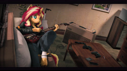 Size: 9600x5400 | Tagged: safe, artist:imafutureguitarhero, character:sunset shimmer, species:anthro, species:unguligrade anthro, species:unicorn, g4, my little pony:equestria girls, 3d, amplifier, clothing, couch, electric guitar, explicit source, female, game controller, guitar, horn, iphone, ipod, jacket, leather jacket, lying down, mare, musical instrument, pants, solo, source filmmaker, table, unshorn fetlocks