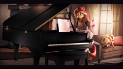 Size: 9600x5400 | Tagged: safe, artist:imafutureguitarhero, character:sunset shimmer, species:anthro, species:pony, species:unicorn, g4, my little pony:equestria girls, 3d, clothing, couch, curtains, dress, duo, duo female, ear piercing, earring, explicit source, eyes closed, face down ass up, female, females only, french maid, horn, jewelry, maid, maid headdress, mare, musical instrument, nose wrinkle, piano, piercing, ponidox, self paradox, self ponidox, sheet music, smiling, source filmmaker, stretching, tail, window