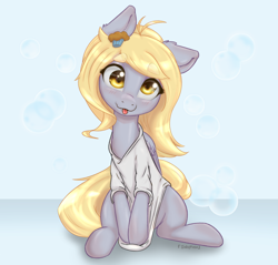 Size: 1500x1431 | Tagged: safe, artist:inkypuso, character:derpy hooves, species:pegasus, species:pony, g4, :p, alternate hairstyle, blep, blushing, bubble, clothing, colored eyebrows, cute, derpabetes, ear down, eyebrows, eyebrows visible through hair, female, hair accessory, mare, one ear down, shirt, shirt pull, signature, simple background, sitting, solo, t-shirt, tongue out