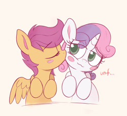 Size: 1486x1358 | Tagged: safe, artist:kqaii, character:scootaloo, character:sweetie belle, species:pegasus, species:pony, species:unicorn, ship:scootabelle, g4, :3, blush sticker, blushing, cheek kiss, colored pupils, cute, cutealoo, diasweetes, duo, duo female, eye clipping through hair, eyebrows, eyebrows visible through hair, eyes closed, female, filly, foal, kissing, lesbian, lidded eyes, profile, shipping, simple background, smiling, spread wings, wings, young