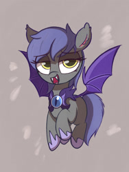Size: 1410x1880 | Tagged: safe, artist:kqaii, species:bat pony, species:pony, g4, armor, bat wings, cute, eye clipping through hair, eyebrows, eyebrows visible through hair, fangs, female, guard, guardsmare, lidded eyes, looking at you, mare, night guard armor, open mouth, royal guard, sharp teeth, simple background, solo, spread wings, wings