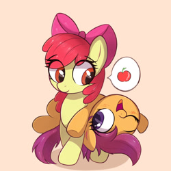 Size: 1669x1669 | Tagged: safe, artist:kqaii, character:apple bloom, character:scootaloo, species:earth pony, species:pegasus, species:pony, g4, adorabloom, apple, apple family member, cute, cutealoo, dialogue, duo, eye clipping through hair, female, filly, food, looking at each other, lying down, lying on top of someone, one eye closed, pictogram, simple background, smiling, speech bubble, text, three quarter view, young