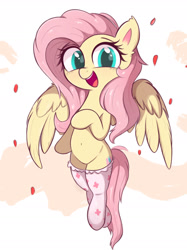 Size: 1335x1781 | Tagged: safe, artist:kqaii, character:fluttershy, species:pegasus, species:pony, g4, belly button, clothing, colored pupils, cute, eyebrows, female, flying, happy, looking at you, mare, open mouth, open smile, shyabetes, smiling, socks, solo, spread wings, three quarter view, wings