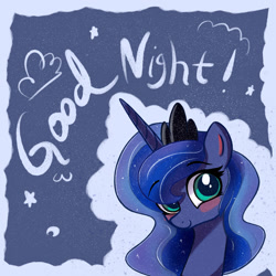 Size: 1245x1245 | Tagged: safe, artist:kqaii, character:princess luna, species:alicorn, species:pony, g4, abstract background, blushing, bust, crown, cute, eye clipping through hair, eyebrows, eyebrows visible through hair, good night, jewelry, looking at you, lunabetes, regalia, smiling, solo, text