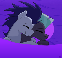 Size: 3624x3418 | Tagged: safe, artist:sefastpone, derpibooru original, character:soarin', character:thunderlane, species:pony, g4, bed, cuddling, digital art, duo, duo male, eyebrows, eyes closed, gay, male, pillow, profile, shipping, signature, sleeping, smiling, snuggling, soarilane, stallion