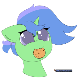 Size: 5467x5467 | Tagged: safe, artist:phosphorshy, oc, oc:burst bubble, species:pony, species:unicorn, bust, cookie, cute, ears back, eating, female, food, nom, portrait, signed, simple background, solo, transparent background