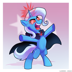 Size: 3253x3244 | Tagged: safe, alternate version, artist:lummh, part of a set, character:trixie, species:pony, species:unicorn, episode:magic duel, g4, my little pony: friendship is magic, abstract background, alicorn amulet, amulet, bipedal, cape, cloak, clothing, cutie mark, cutie mark background, evil trixie, eyebrows, eyelashes, female, glowing eyes, glowing horn, gradient background, horn, jewelry, magic, magic aura, mare, necklace, open mouth, signature, solo, three quarter view, uvula