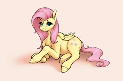 Size: 1907x1263 | Tagged: safe, artist:aquaticvibes, character:fluttershy, species:pegasus, species:pony, g4, cute, cutie mark, dock, eyebrows, eyelashes, female, folded wings, looking at you, lying down, mare, shyabetes, simple background, smiling, solo, tail, wings