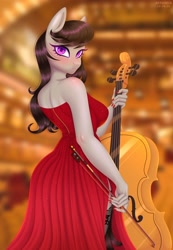 Size: 2766x4000 | Tagged: safe, artist:gunya, part of a set, character:octavia melody, species:anthro, species:earth pony, g4, blurred background, blushing, breasts, busty octavia, cello, cello bow, clothing, dress, explicit source, eyelashes, female, looking at you, looking back, looking back at you, makeup, mare, mascara, musical instrument, red dress, side slit, socks, solo, stockings, thigh highs