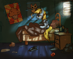 Size: 1024x832 | Tagged: safe, artist:heavy-weight, artist:lethargicmisanthrope, artist:sickdogs, artist:trazodoned, character:derpy hooves, species:pegasus, species:pony, g4, bag, bed, bedroom, crying, depressed, feels, female, hang in there, indoors, lonely, mailbag, mare, messenger bag, messy, morning ponies, poster, profile, sad, satchel, solo