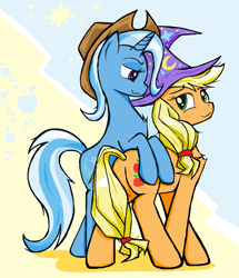 Size: 1020x1186 | Tagged: safe, artist:sallycars, character:applejack, character:trixie, species:earth pony, species:pony, species:unicorn, g4, abstract background, accessory swap, applejack's hat, bipedal, butt, clothing, cowboy hat, digital art, duo, female, freckles, hat, legitimately amazing mspaint, lesbian, looking at each other, looking at someone, mare, ms paint, plot, profile, shipping, stetson, three quarter view, tripplejack, trixie's hat, wizard hat
