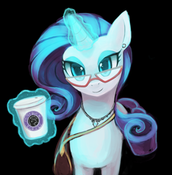 Size: 4308x4386 | Tagged: safe, artist:lumineko, character:rarity, species:pony, species:unicorn, g4, absurd resolution, bedroom eyes, coffee, colored pupils, dark, drink, female, glasses, glowing, glowing horn, hipster, horn, levitation, looking at you, magic, magic aura, mare, satchel, smiling, solo, starbucks, telekinesis