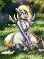 Size: 850x1135 | Tagged: safe, artist:mdwines, character:derpy hooves, species:anthro, species:pegasus, g4, breasts, cleavage, clothing, cute, derpabetes, dress, featured on derpibooru, female, flower, flower in hair, forest, grass, jewelry, kneeling, mail, mare, necklace, open mouth, open smile, outdoors, park, smiling, solo, spread wings, summer, white dress, wings