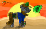 Size: 981x632 | Tagged: safe, artist:paprika jenkins, oc, oc only, oc:littlepip, species:pony, species:unicorn, fallout equestria, g4, crossover, fallout, female, gun, magic, pipbuck, solo, solo female, sunset, wasteland, weapon