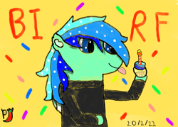 Size: 934x668 | Tagged: safe, artist:paprika jenkins, oc, oc only, oc:jade breeze, species:pegasus, species:pony, g4, birthday, blep, clothing, confetti, cupcake, food, hoodie, male, solo, solo male, tongue out