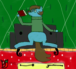 Size: 1512x1383 | Tagged: safe, artist:paprika jenkins, oc, oc only, oc:modular, species:earth pony, species:pony, g4, book, clothing, couch, glasses, male, reading, sitting, smiling, sweater, turtleneck