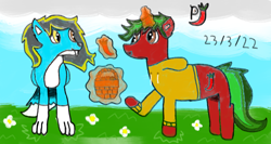 Size: 1286x683 | Tagged: safe, artist:paprika jenkins, oc, oc only, oc:piquant pepper, oc:thundy, species:pony, species:unicorn, species:wolf, g4, basket, clothing, cloud, duo, fangs, heterochromia, hoodie, magic, male, offering, pepper, sharp teeth