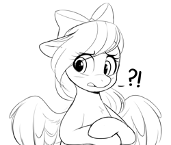 Size: 873x741 | Tagged: safe, artist:higgly-chan, character:flitter, species:pegasus, species:pony, g4, blushing, bow, cute, exclamation point, eye clipping through hair, female, flitterbetes, floppy ears, grayscale, hair bow, interrobang, lineart, mare, monochrome, open mouth, question mark, solo, wings