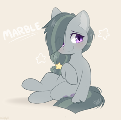 Size: 780x770 | Tagged: safe, artist:higgly-chan, character:marble pie, species:earth pony, species:pony, g4, alternate hairstyle, blushing, cream background, cute, cutie mark, ear fluff, eye clipping through hair, female, gray coat, grey hair, hair over one eye, hair tie, marblebetes, mare, purple eyes, signature, simple background, sitting, smiling, solo, stars, weapons-grade cute
