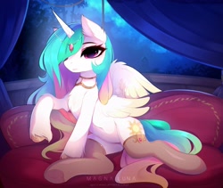 Size: 3407x2880 | Tagged: safe, artist:magnaluna, character:princess celestia, species:alicorn, species:pony, g4, belly button, chest fluff, clothing, colored hooves, ear fluff, eyebrows, female, hair over one eye, high res, hooves, looking at you, mare, socks, solo, stockings, thigh highs, unshorn fetlocks, wings