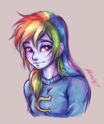 Size: 1612x1930 | Tagged: safe, artist:buttersprinkle, character:rainbow dash, species:eqg human, g4, my little pony:equestria girls, bust, clothing, colored eyebrows, eyebrows, female, gray background, looking at you, signature, simple background, smiling, solo, sweater, wondercolts