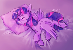 Size: 1904x1322 | Tagged: safe, artist:buttersprinkle, character:twilight sparkle, character:twilight sparkle (alicorn), species:alicorn, species:pony, g4, colored eyebrows, colored hooves, cute, eyebrows, female, hooves, mare, pillow, profile, signature, sleeping, solo, twiabetes, unshorn fetlocks, wings